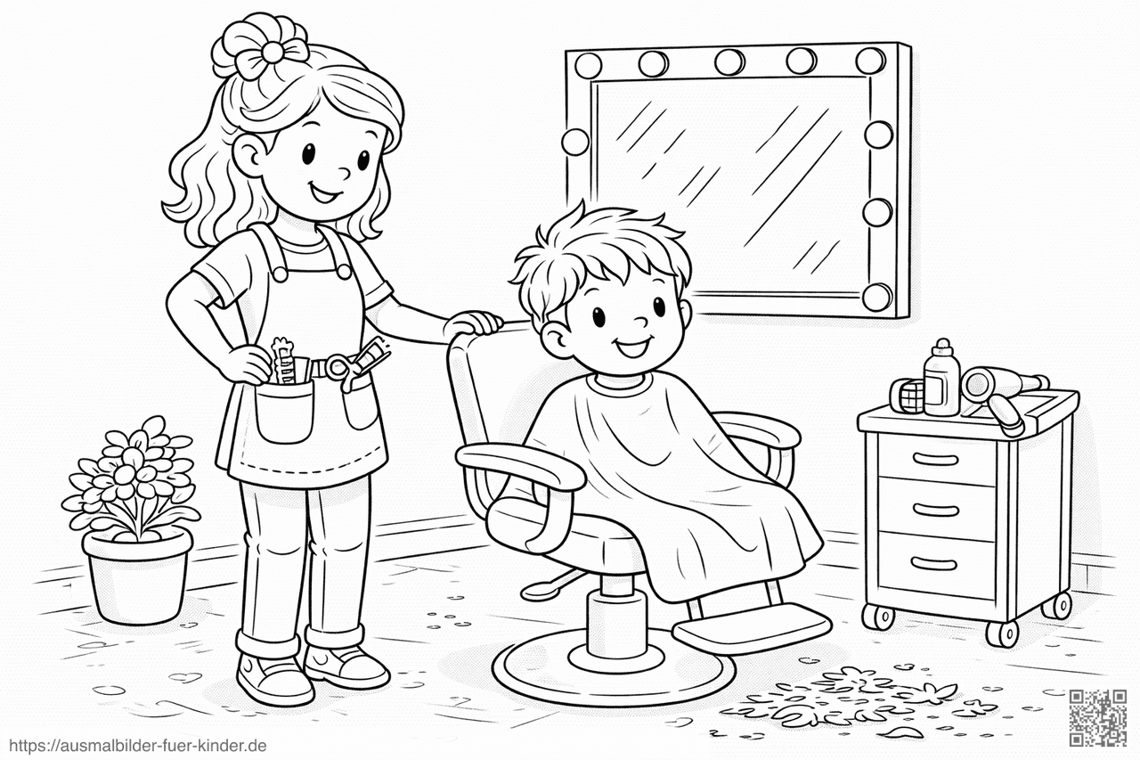 Friseurin beim Haareschneiden eines Kindes - Ausmalbild