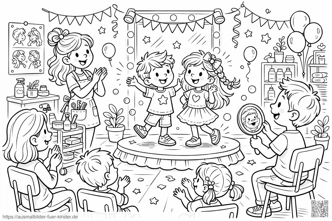 Frisuren-Modenschau im Kindersalon - Ausmalbild