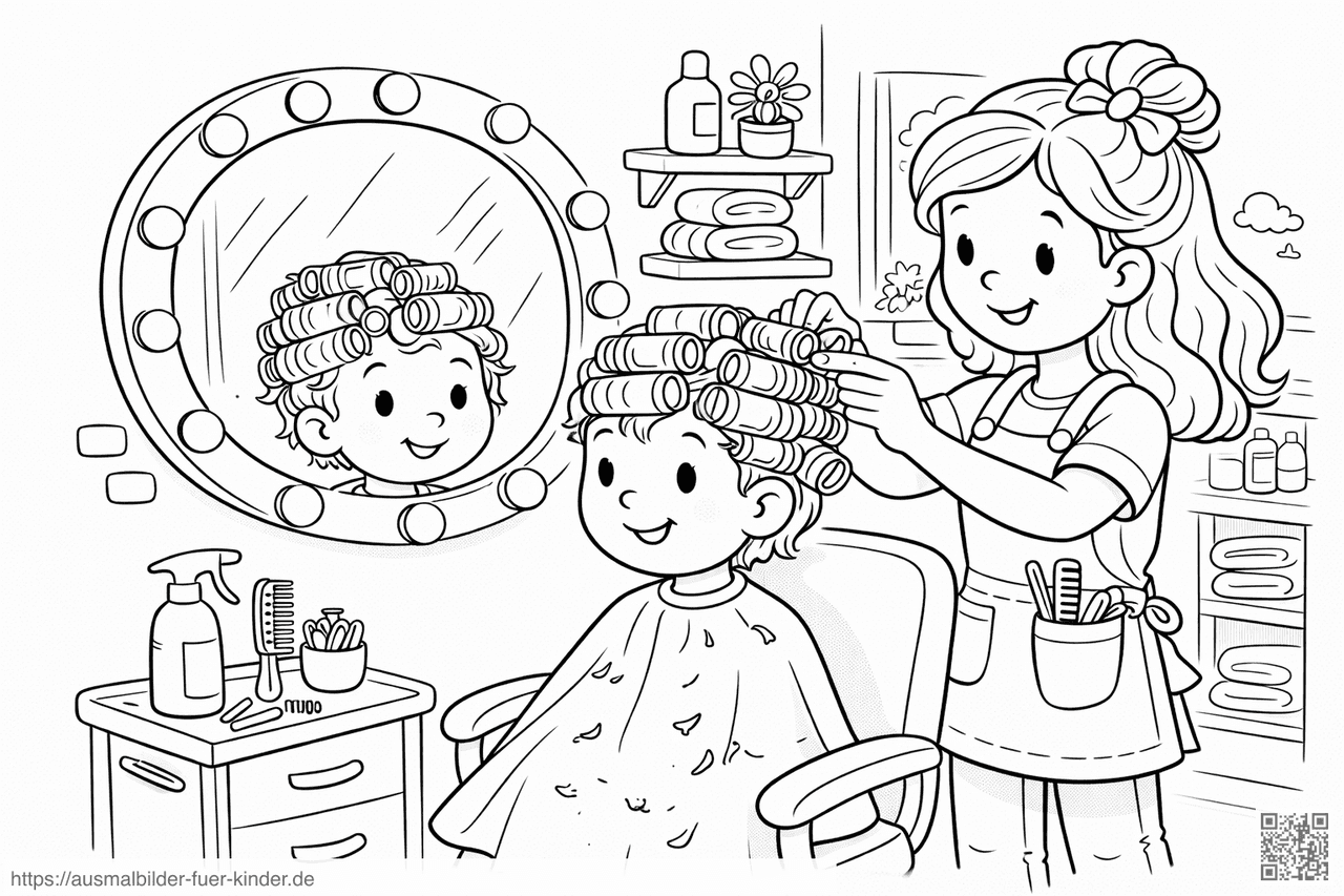 Haarsalonbesuch mit einem neugierigen Kind - Ausmalbild