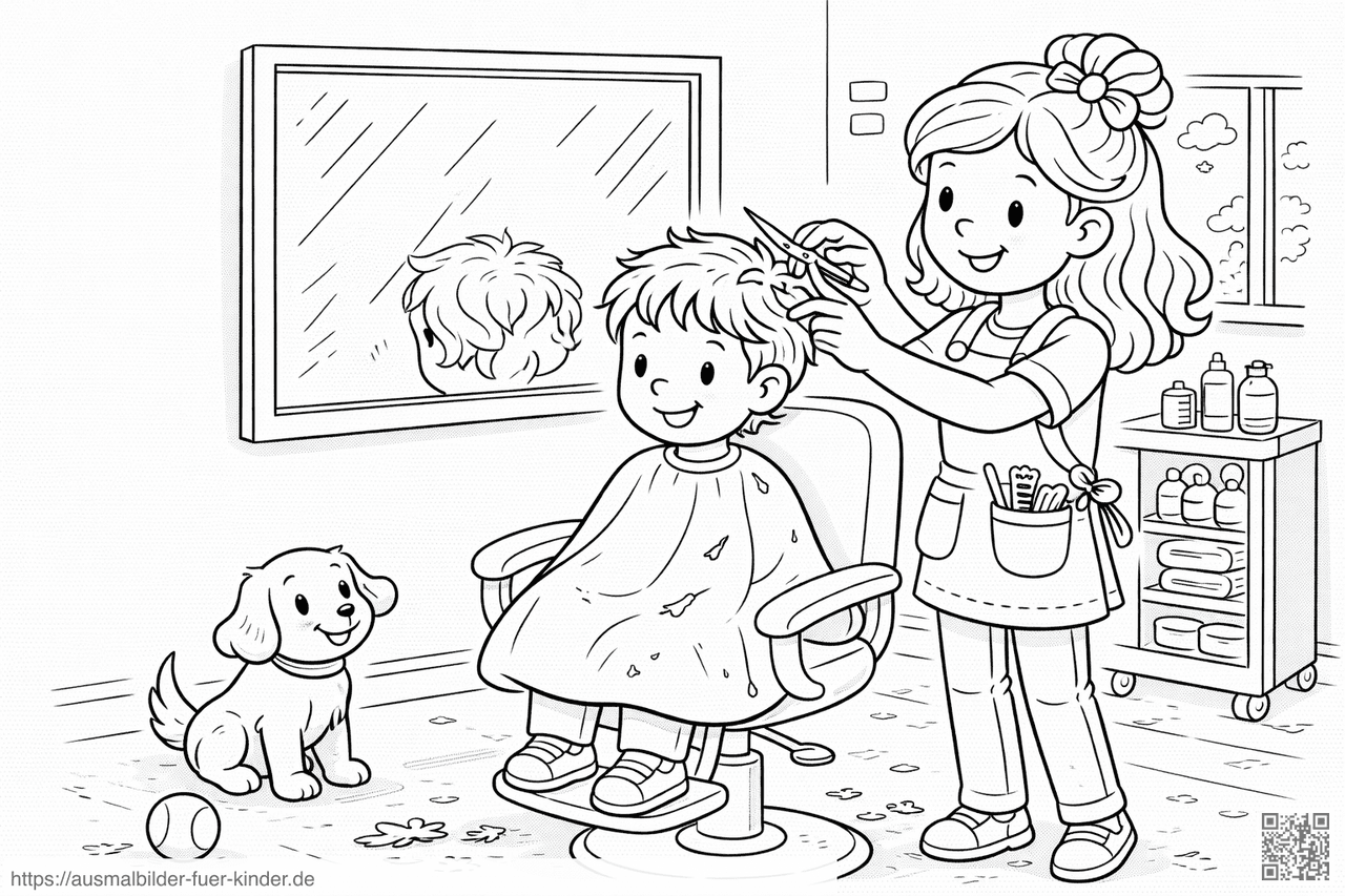 Haarschnitt im Salon mit Hund - Ausmalbild