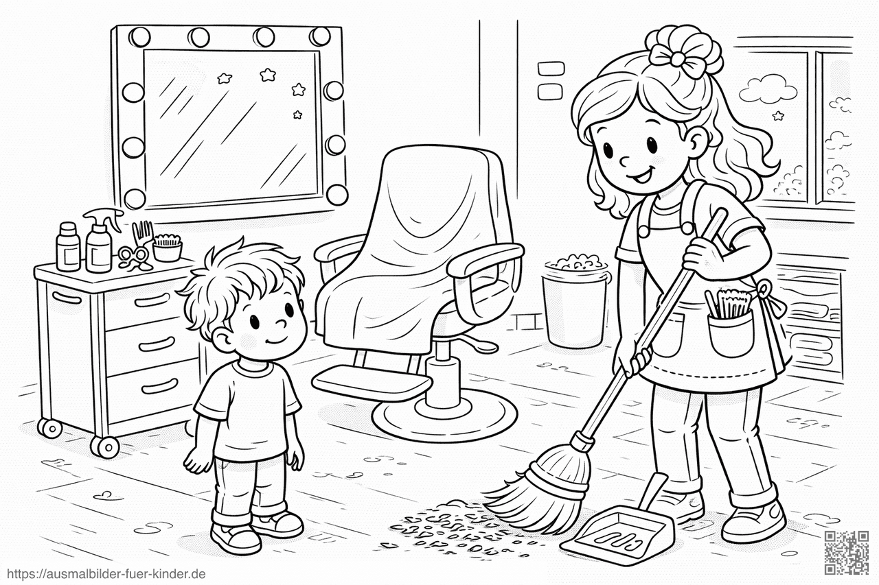 Hairstylist kehrt Haare im Salon auf - Ausmalbild