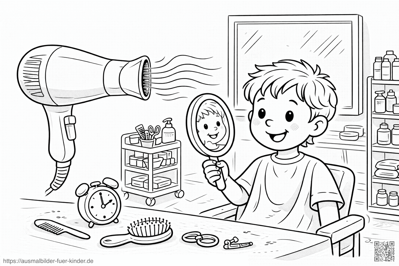 Junge beim Friseur mit Spiegel - Ausmalbild