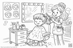 Kind erhält Haarschnitt im Salon - Ausmalbild