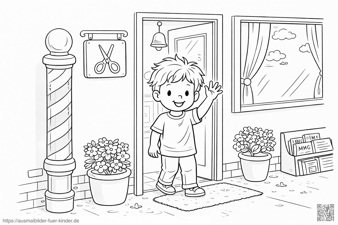 Kind im Friseursalon mit Hallo - Ausmalbild