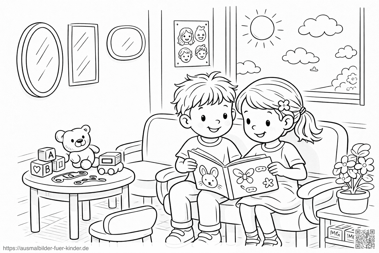 Warten beim Friseur mit Bilderbuch - Ausmalbild