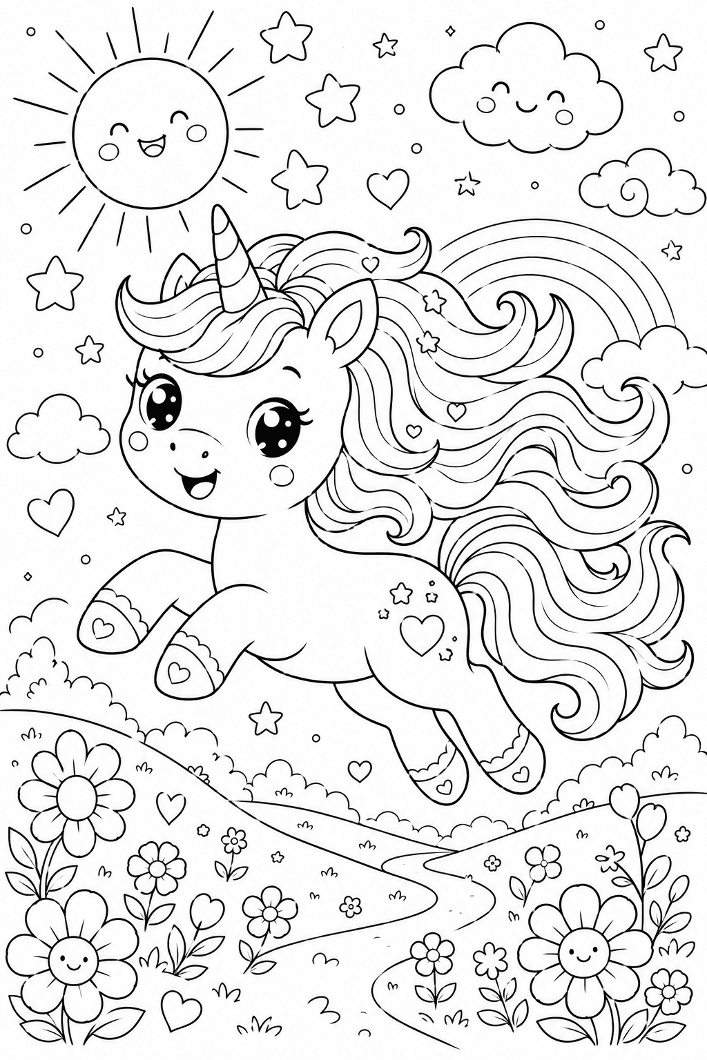 Fröhliche Einhornwiese im Sonnenschein - Ausmalbild
