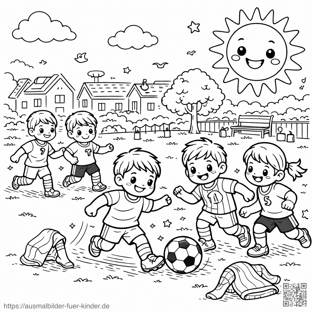 Kinder spielen Fußball im Freien - Ausmalbild