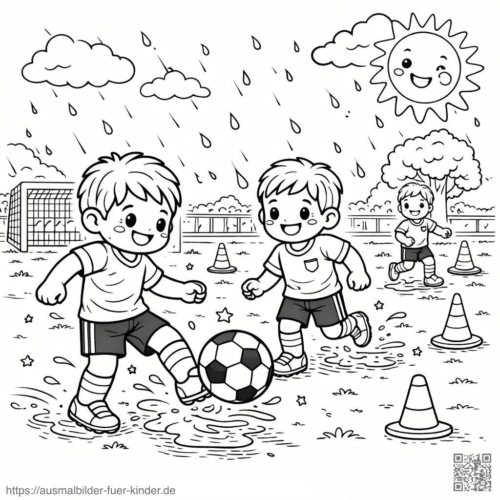 Kinder spielen Fußball im Regen - Ausmalbild