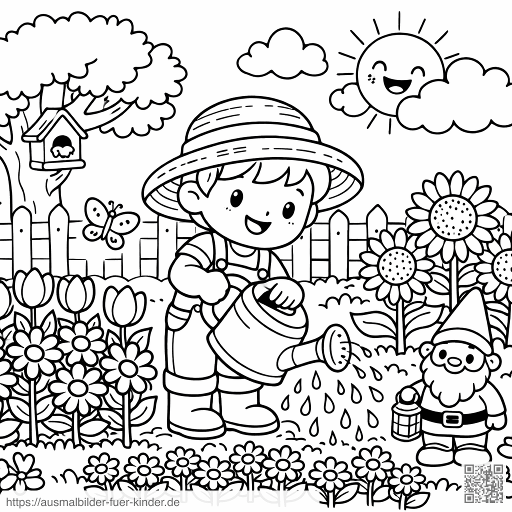 Der fröhliche Junge im Garten - Ausmalbild