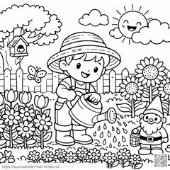 Der fröhliche Junge im Garten - Ausmalbild