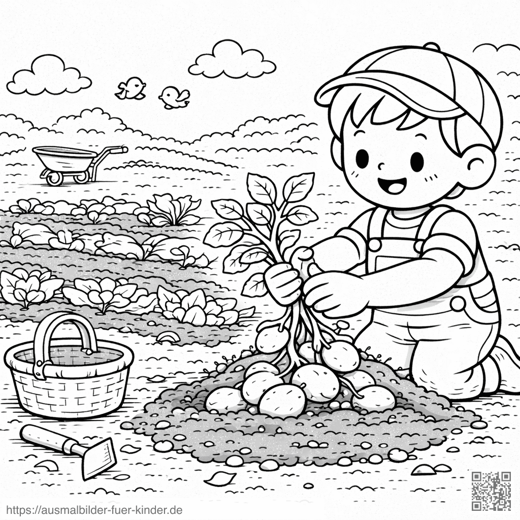 Junge erntet Kartoffeln im Garten - Ausmalbild