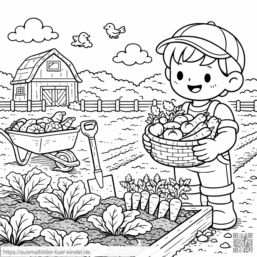 Kind im Gemüsegarten mit Ernte - Ausmalbild