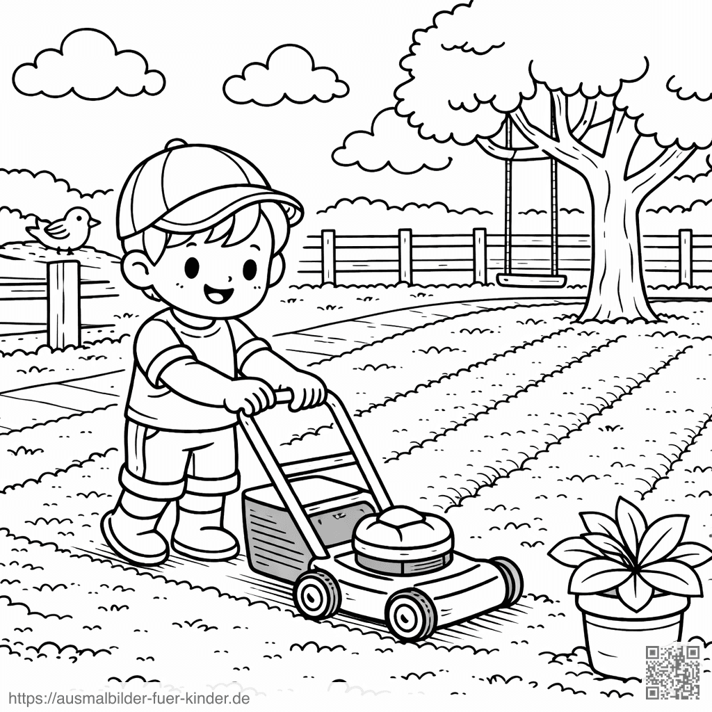 Kind mit Rasenmäher im Garten - Ausmalbild