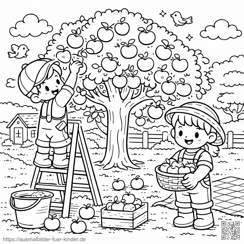 Kinder beim Apfelpflücken im Garten - Ausmalbild