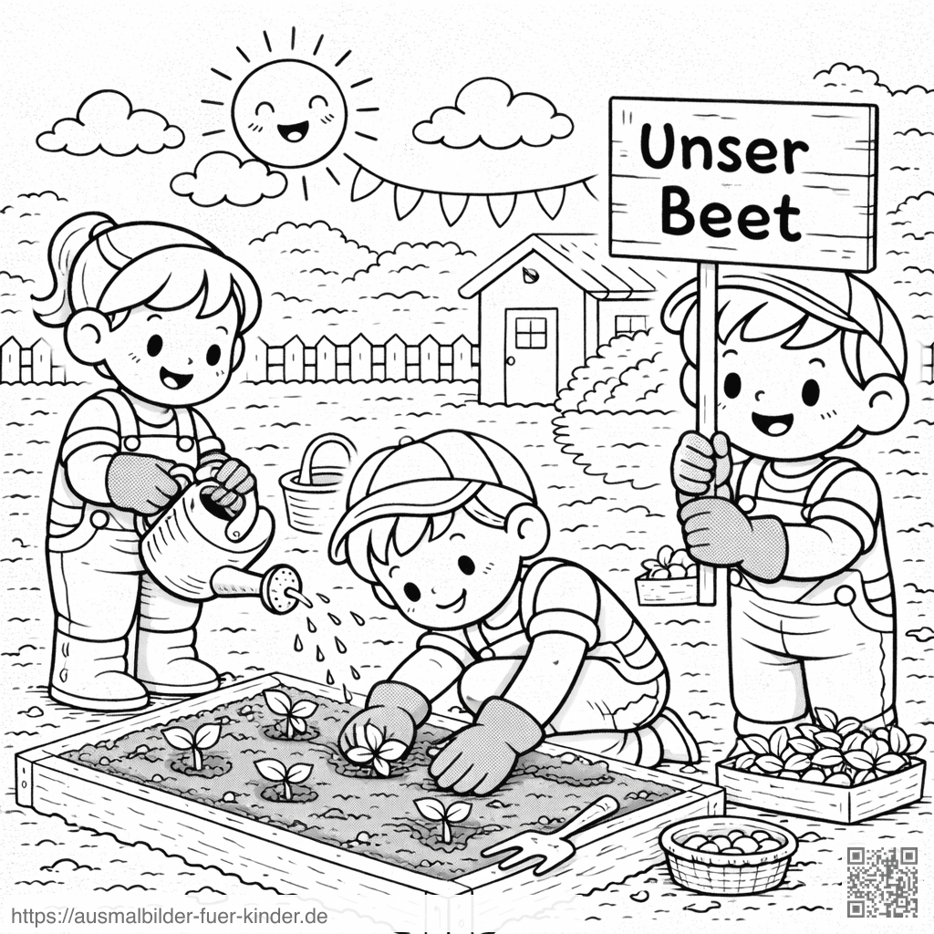 Kinder im Schulgarten bei der Arbeit - Ausmalbild