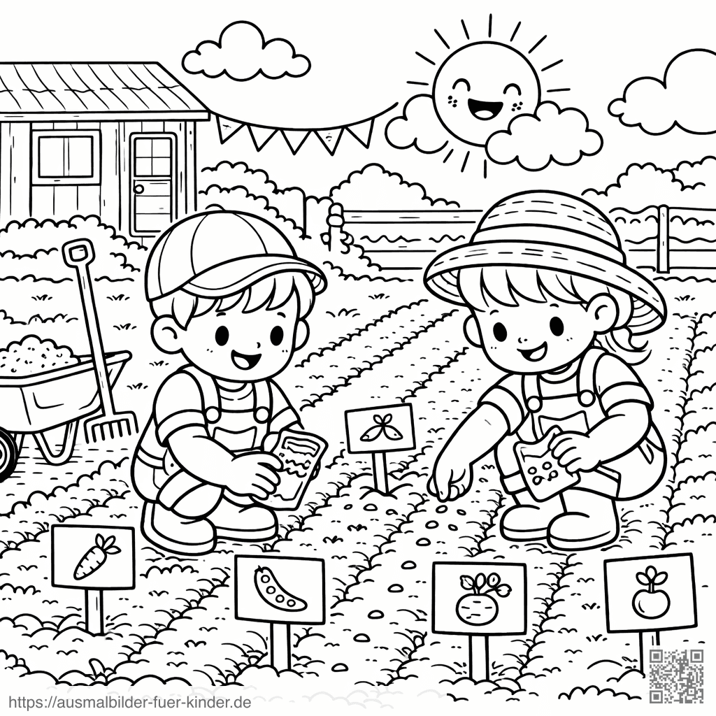Kinder pflanzen Samen im Garten - Ausmalbild