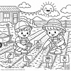 Kinder pflanzen Samen im Garten - Ausmalbild