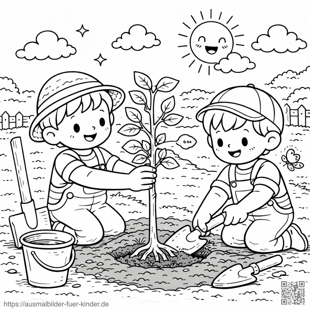 Kinder pflanzen einen Baumsetzling - Ausmalbild
