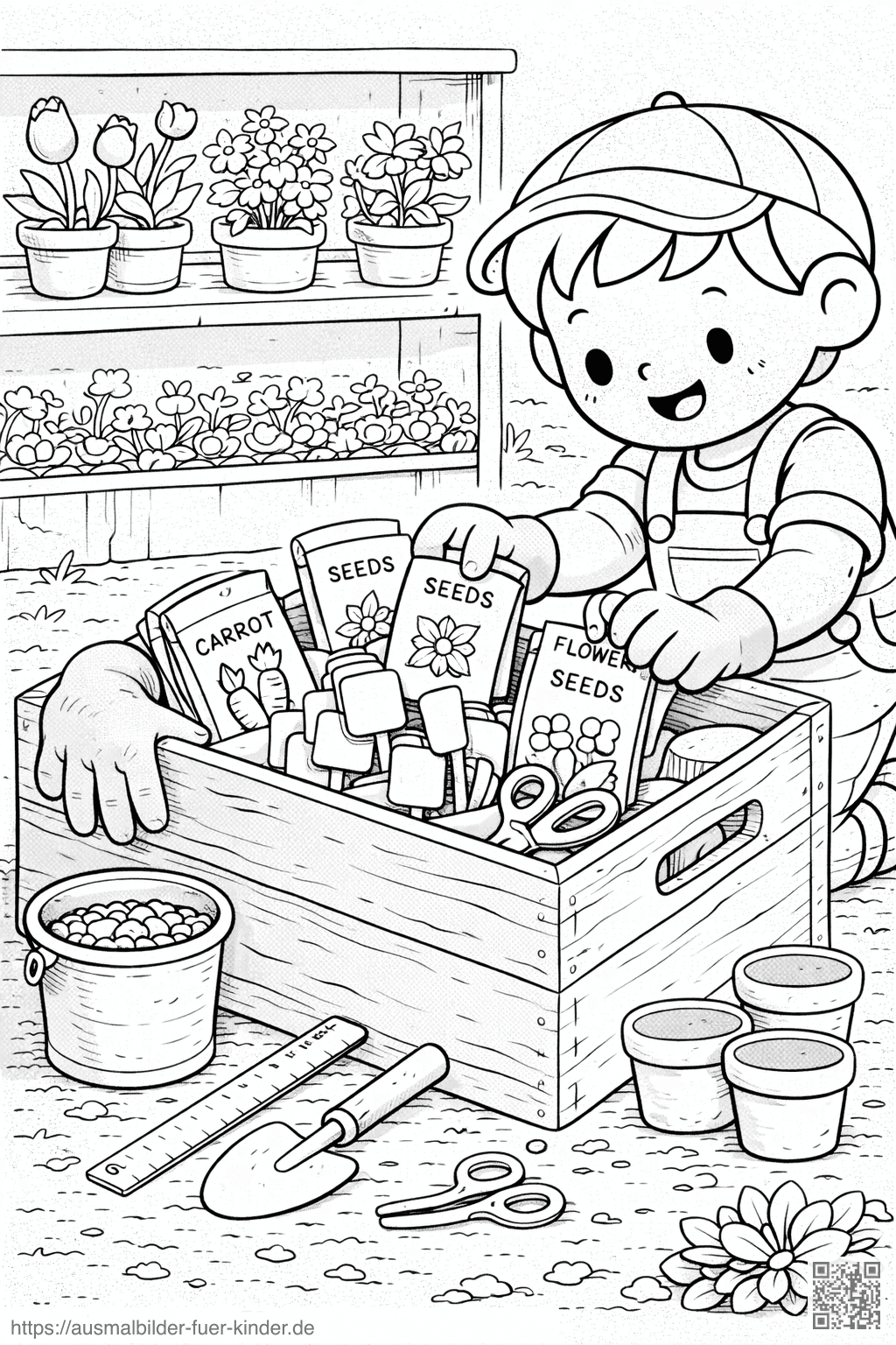 Kindergartenkind organisiert Gartengeräte - Ausmalbild