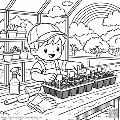 Kindergartenpflanzenpflege im Gewächshaus - Ausmalbild