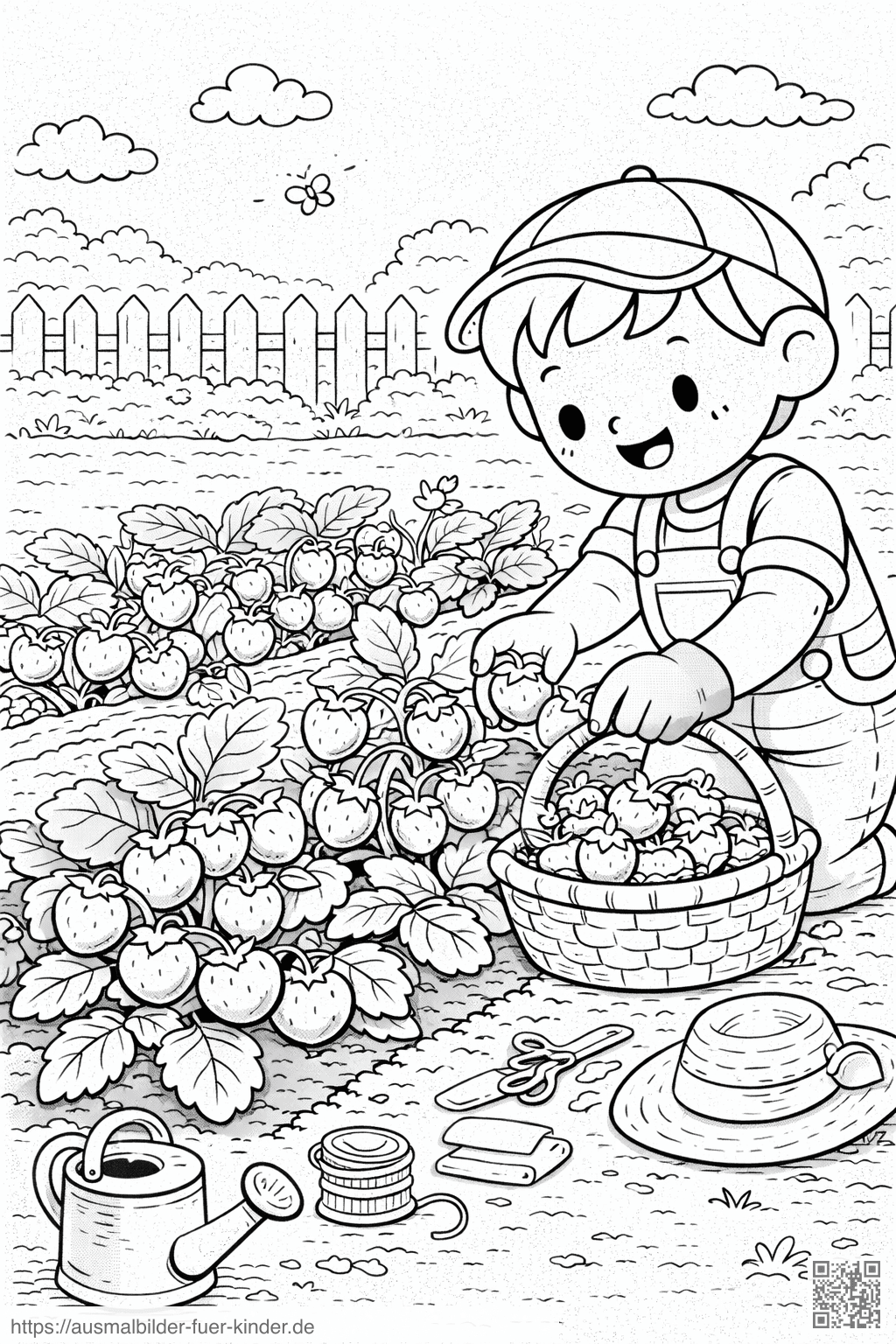 Kleine Erdbeerernte im Garten - Ausmalbild