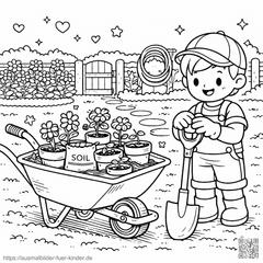 Kleiner Gärtner im Garten - Ausmalbild