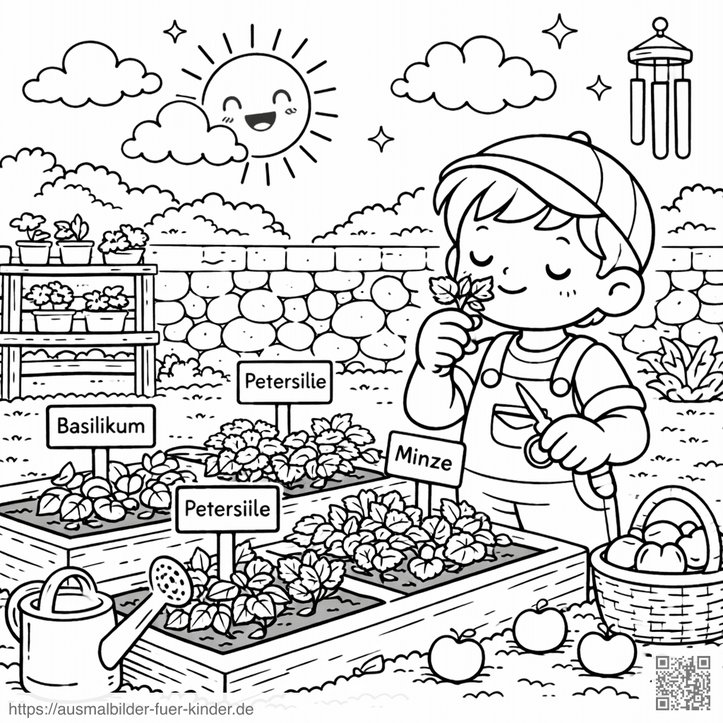 Kleiner Gärtner im Kräutergarten - Ausmalbild