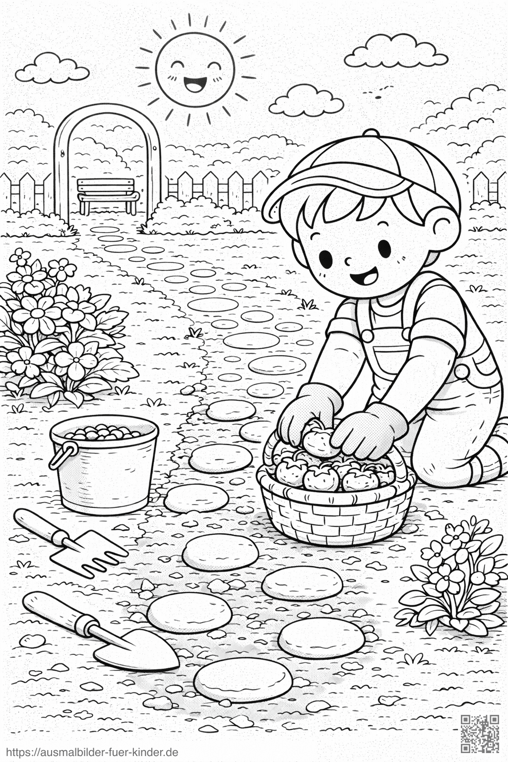 Kleines Kind im Gartenpfad - Ausmalbild