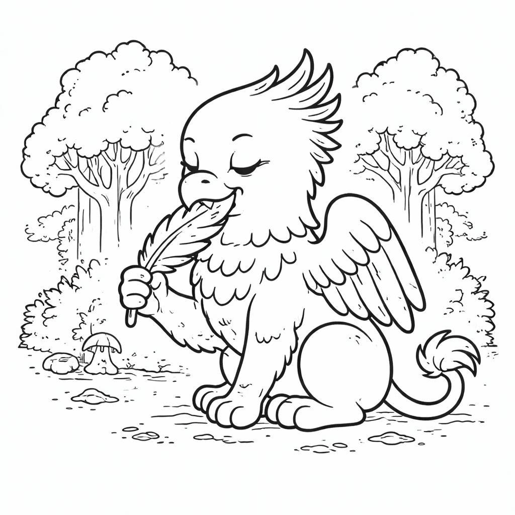 Griffin Im Wald Beim Federnpflege - Ausmalbild