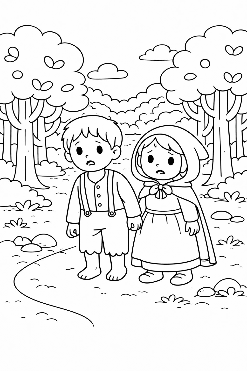 Hänsel und Gretel im Wald - Ausmalbild