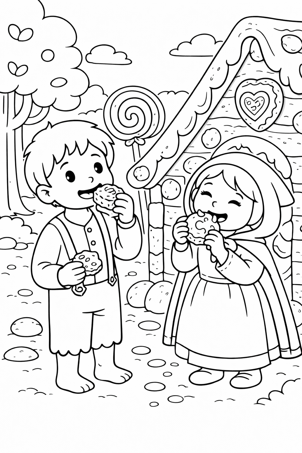Hansel und Gretel genießen das Zuckerhaus - Ausmalbild