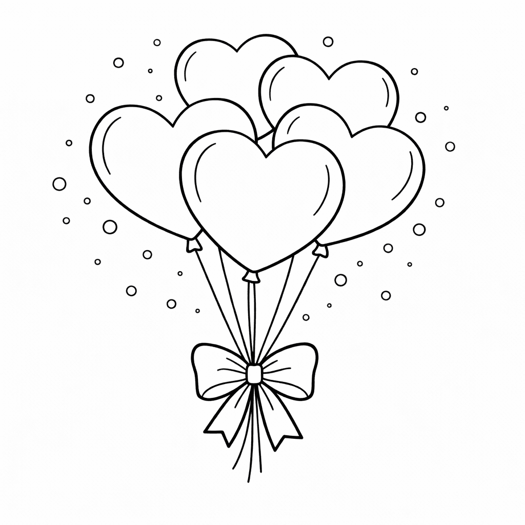 Herzballons mit Schleifenband - Ausmalbild