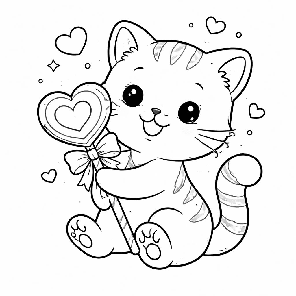 Kätzchen mit Herz-Lolli - Ausmalbild