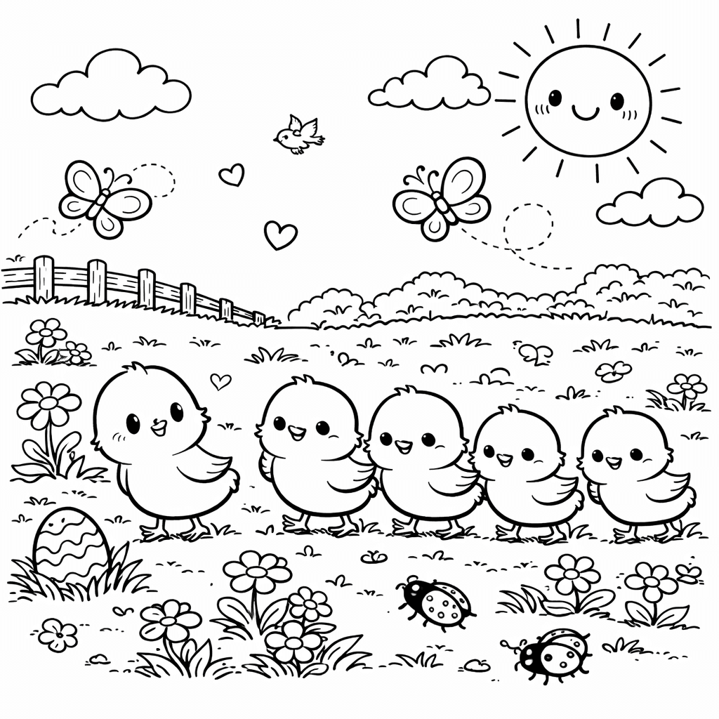 Kükenfamilie im Frühlingswiese - Ausmalbild