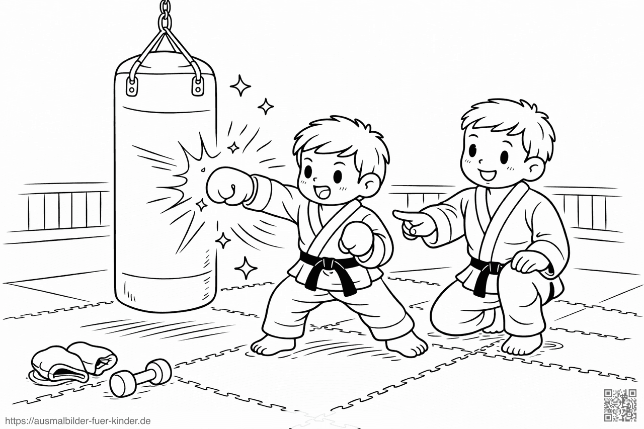 Junge übt Karate im Dojo - Ausmalbild