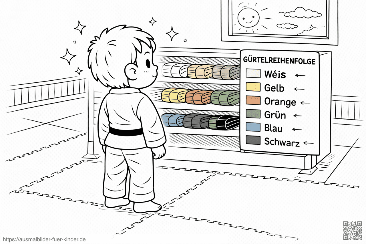 Kind im Dojo mit Gürteldisplay - Ausmalbild