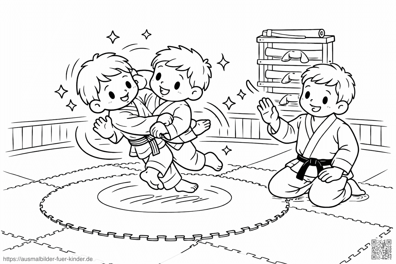 Kinder üben Judo im Dojo - Ausmalbild