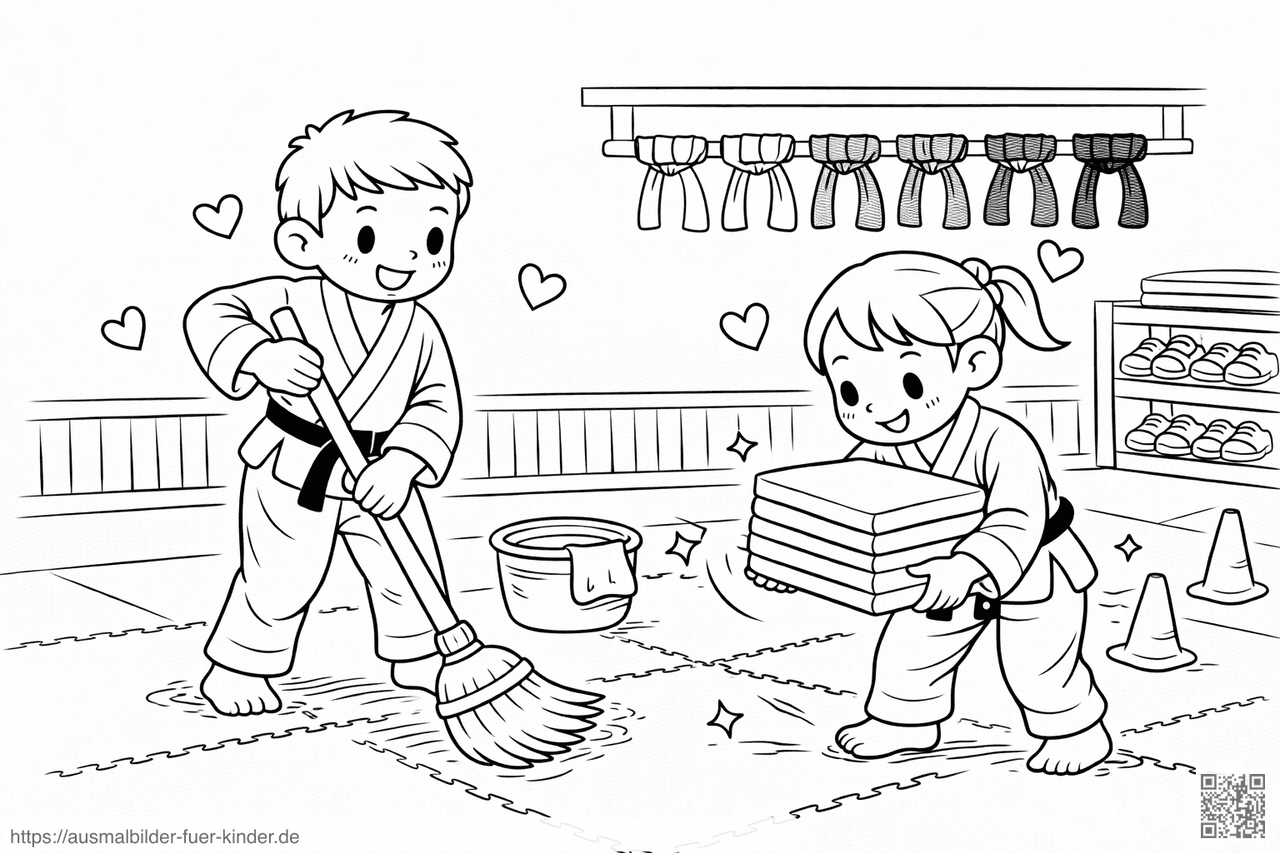 Kinder beim Aufräumen im Dojo - Ausmalbild