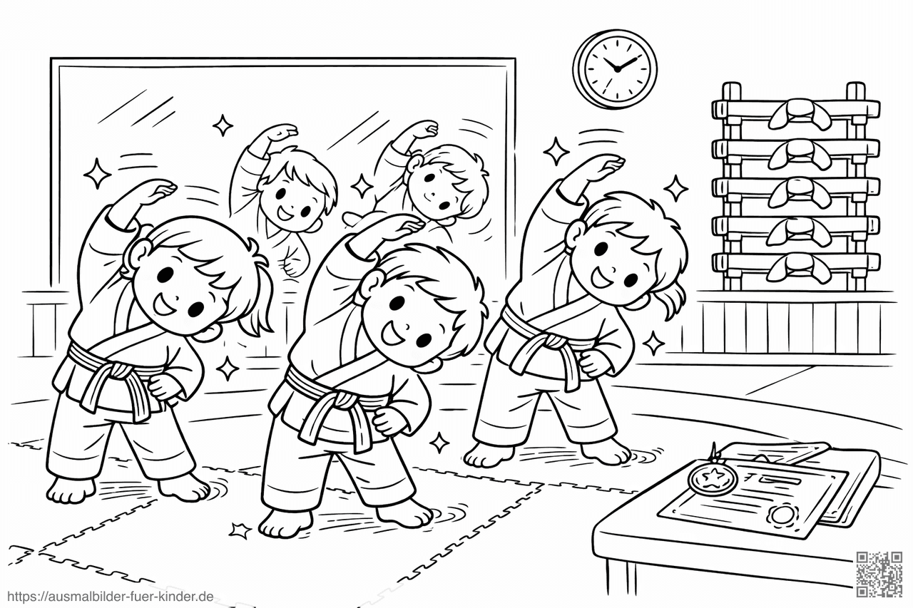 Kinder im Dojo beim Dehnen - Ausmalbild