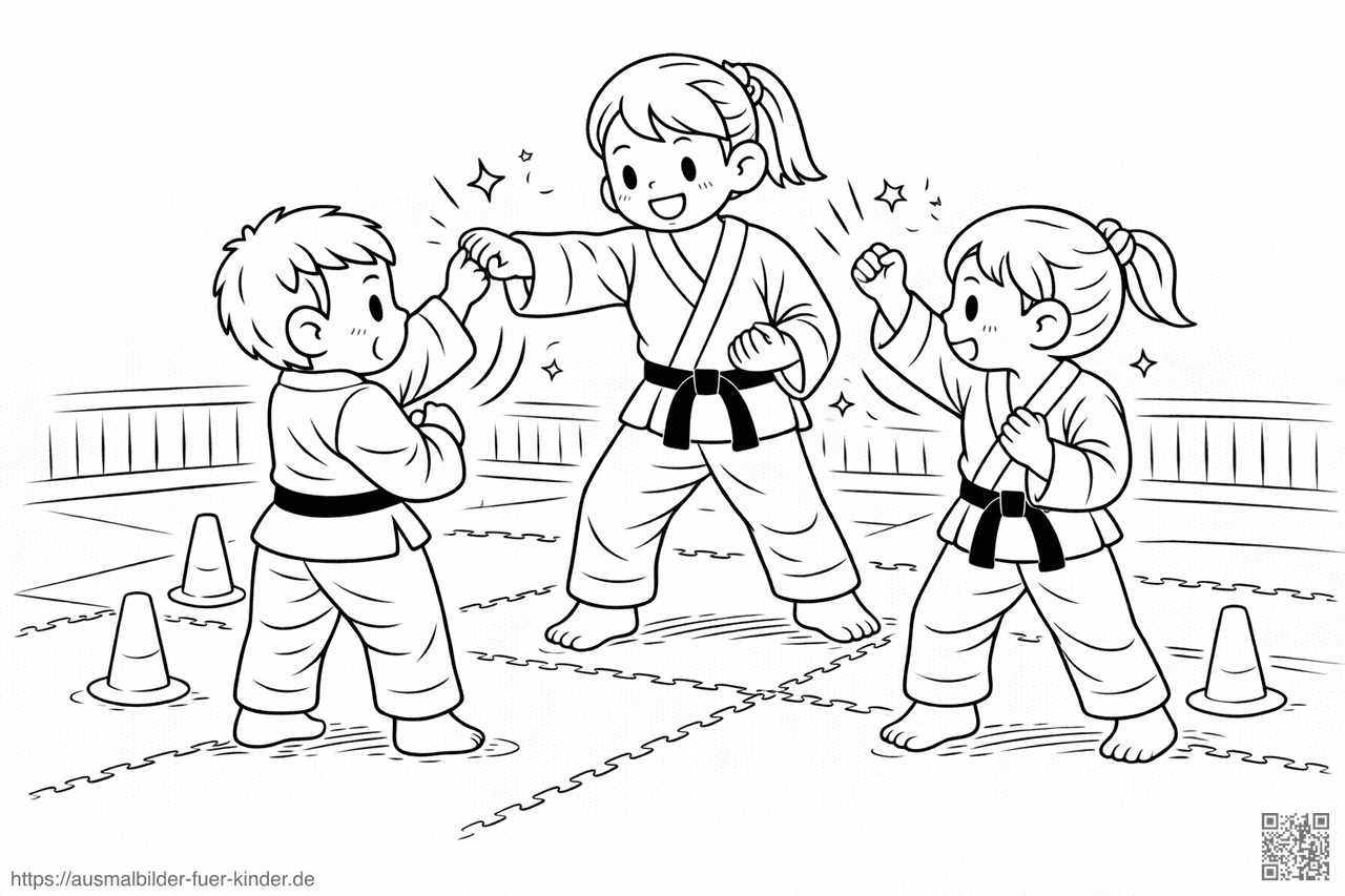 Kinder im Dojo lernen Abwehrtechnik - Ausmalbild