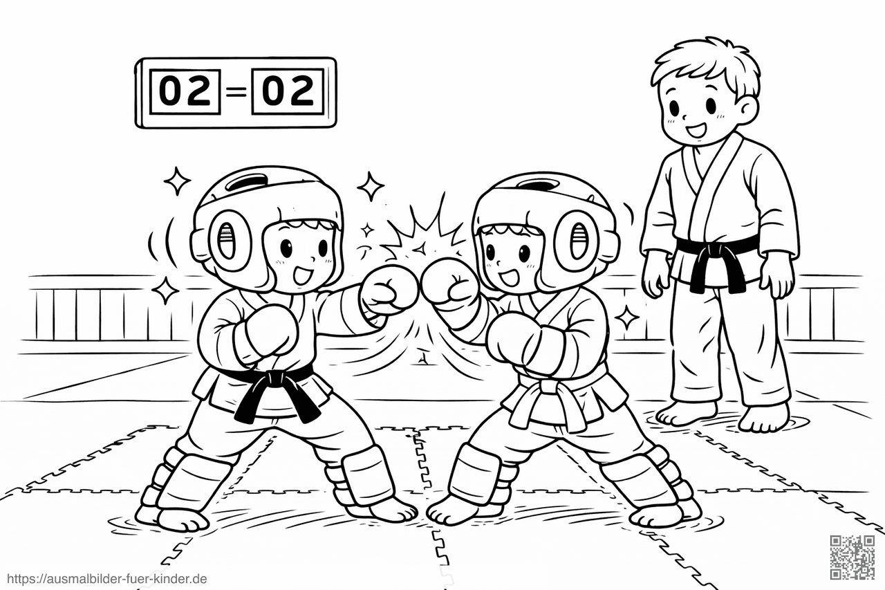 Kinder im Sparring mit Schiedsrichter - Ausmalbild