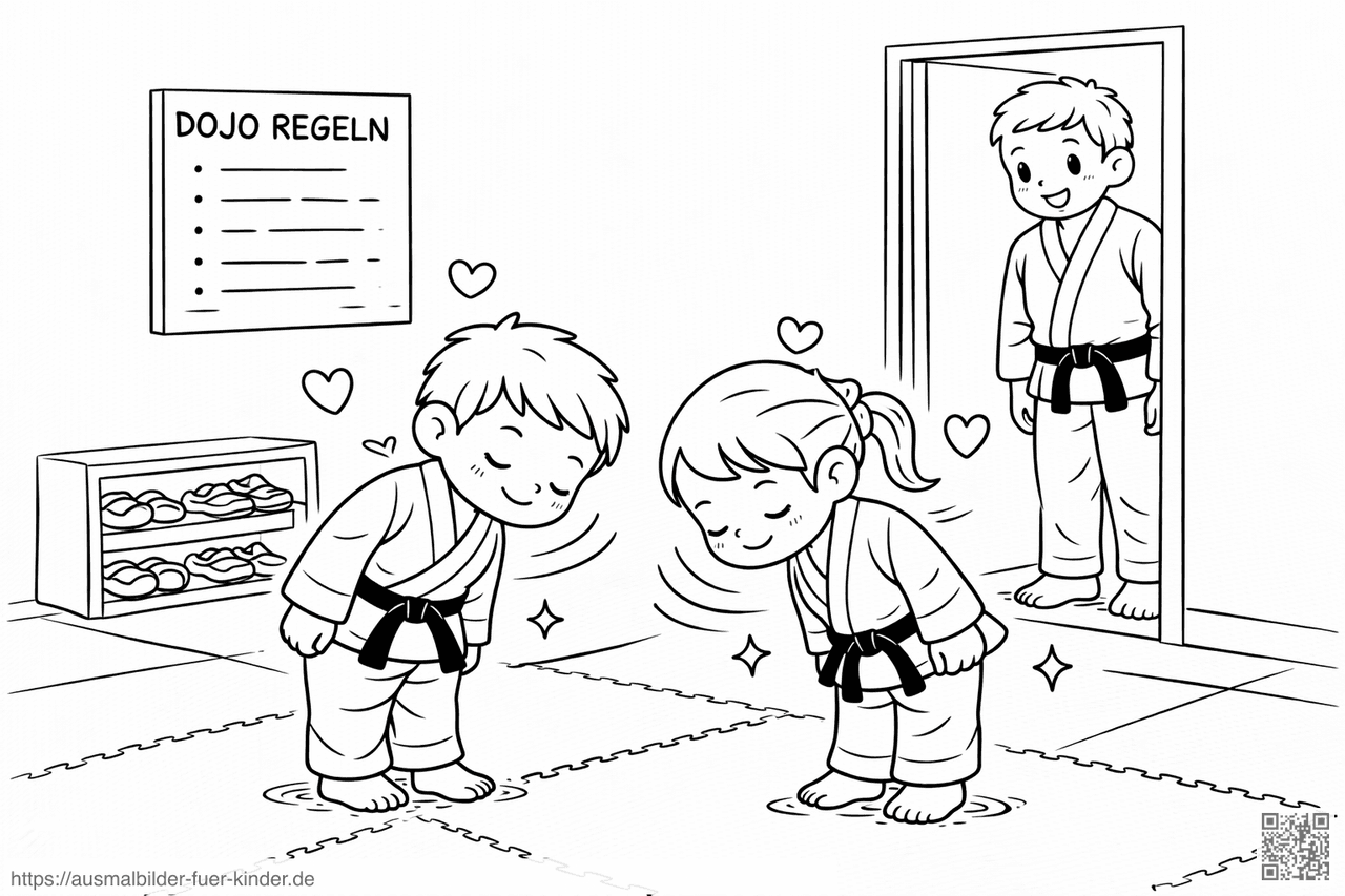 Kinder verbeugen sich im Dojo - Ausmalbild