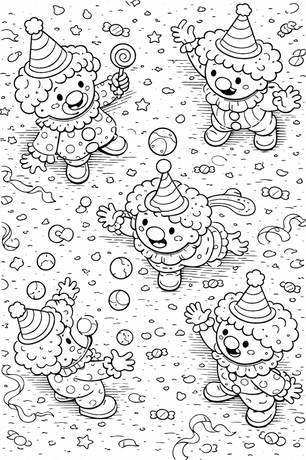 Clowns im Konfetti-Regen - Ausmalbild
