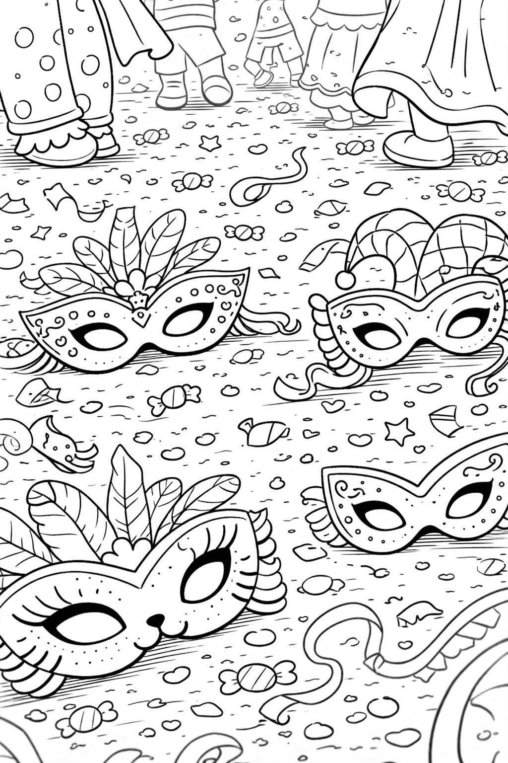 Karnevalsmasken auf buntem Boden - Ausmalbild