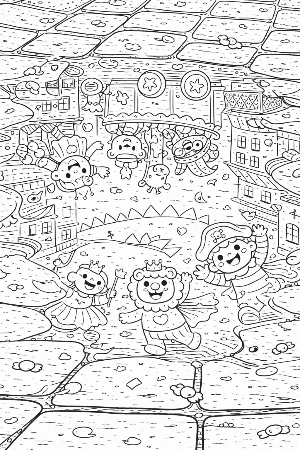 Karnevalsreflexion auf nassem Pflaster - Ausmalbild