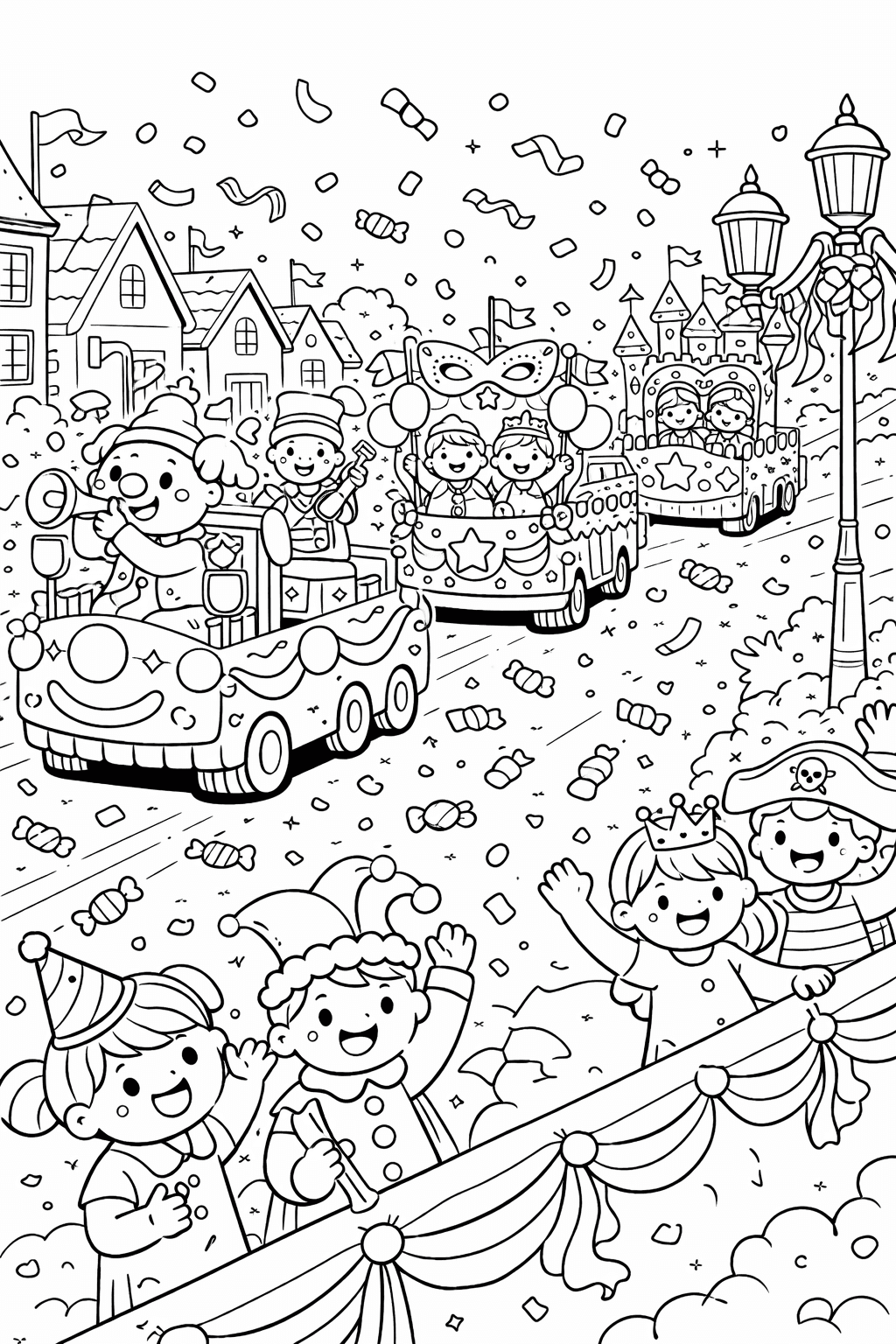 Karnevalsumzug mit fröhlichen Figuren - Ausmalbild