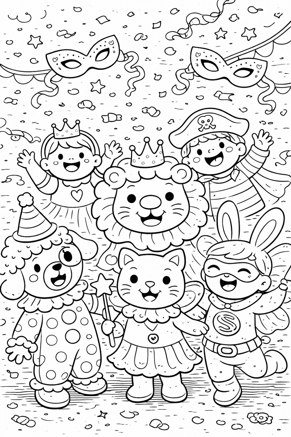 Karnevalswoche mit tierischen Kostümen - Ausmalbild