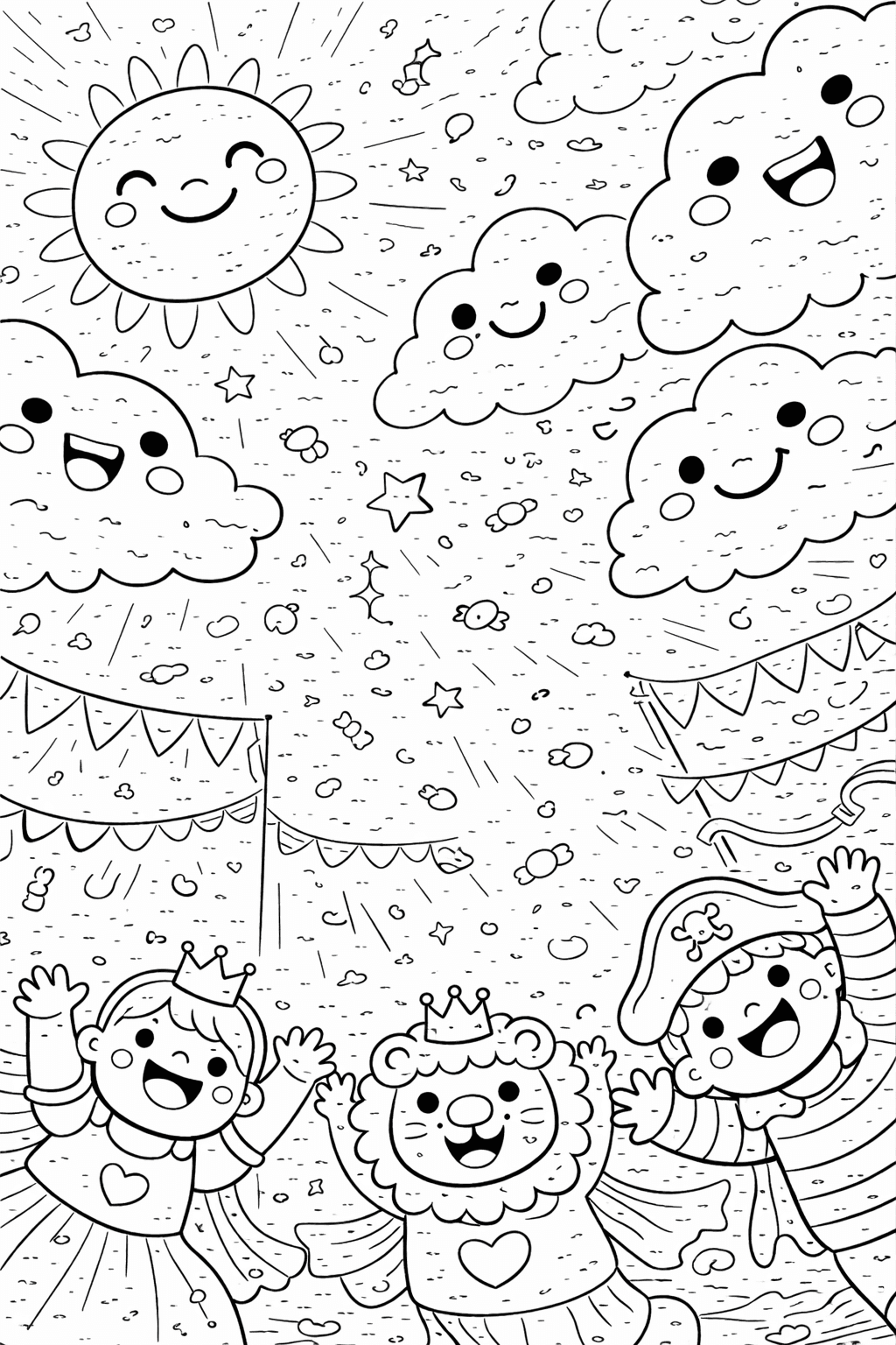 Lächelnde Kinder unter buntem Himmel - Ausmalbild