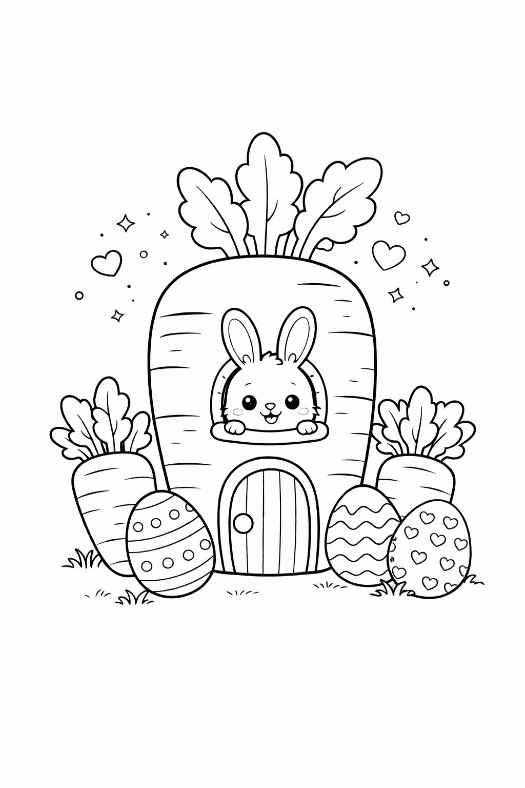 Karottenhaus mit Kaninchen - Ausmalbild