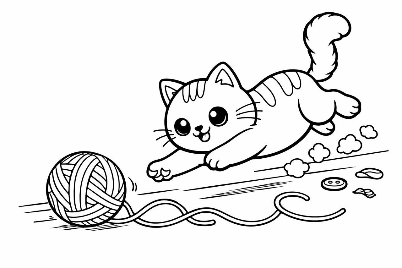 Katzen_spielende Katze Jagt Wollknäuel